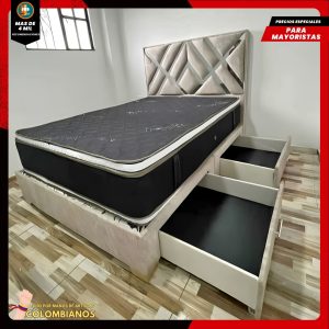 Base Cama Doble 140x190 con 2 Cajones y Espaldar con Vidrio Espejo – Diseño Moderno, Más Espacio y Elegancia Premium