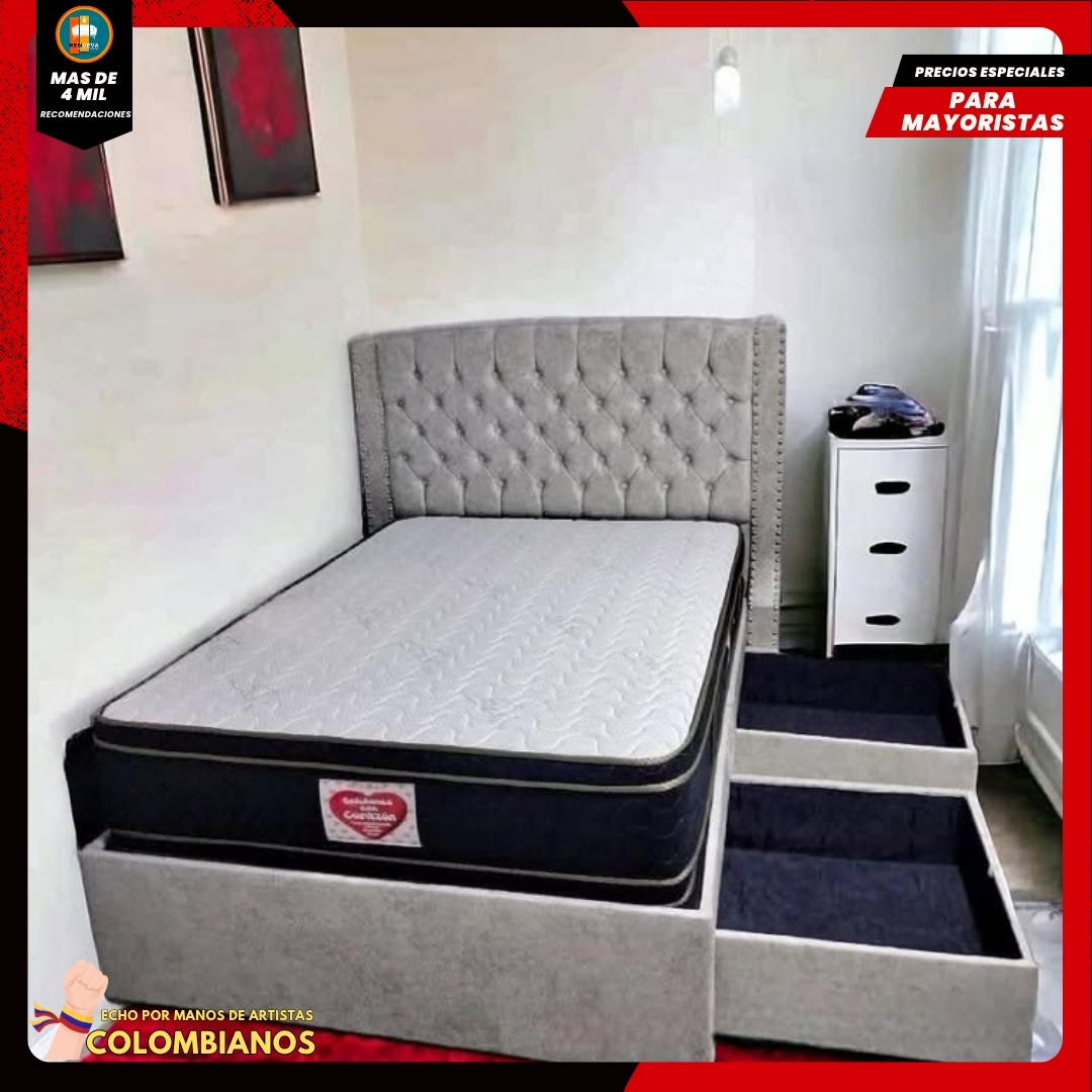 Base Cama Doble 140x190 con 2 Cajones y Espaldar Básico